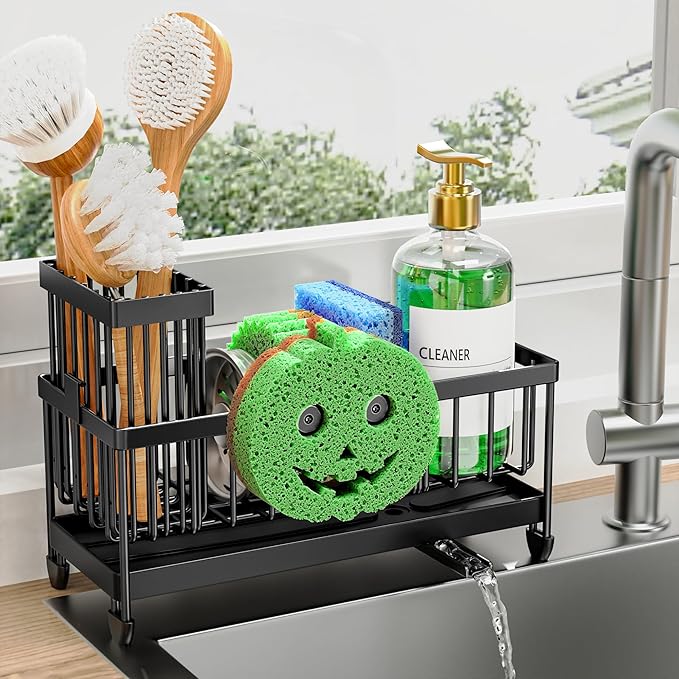 Cisily Sponge Holder for Kitchen Sink, Sink Caddy Organizer with High Brush Holder, Kitchen Countertop Organizers and Storage Essentials, Rustproof Stainless Steel